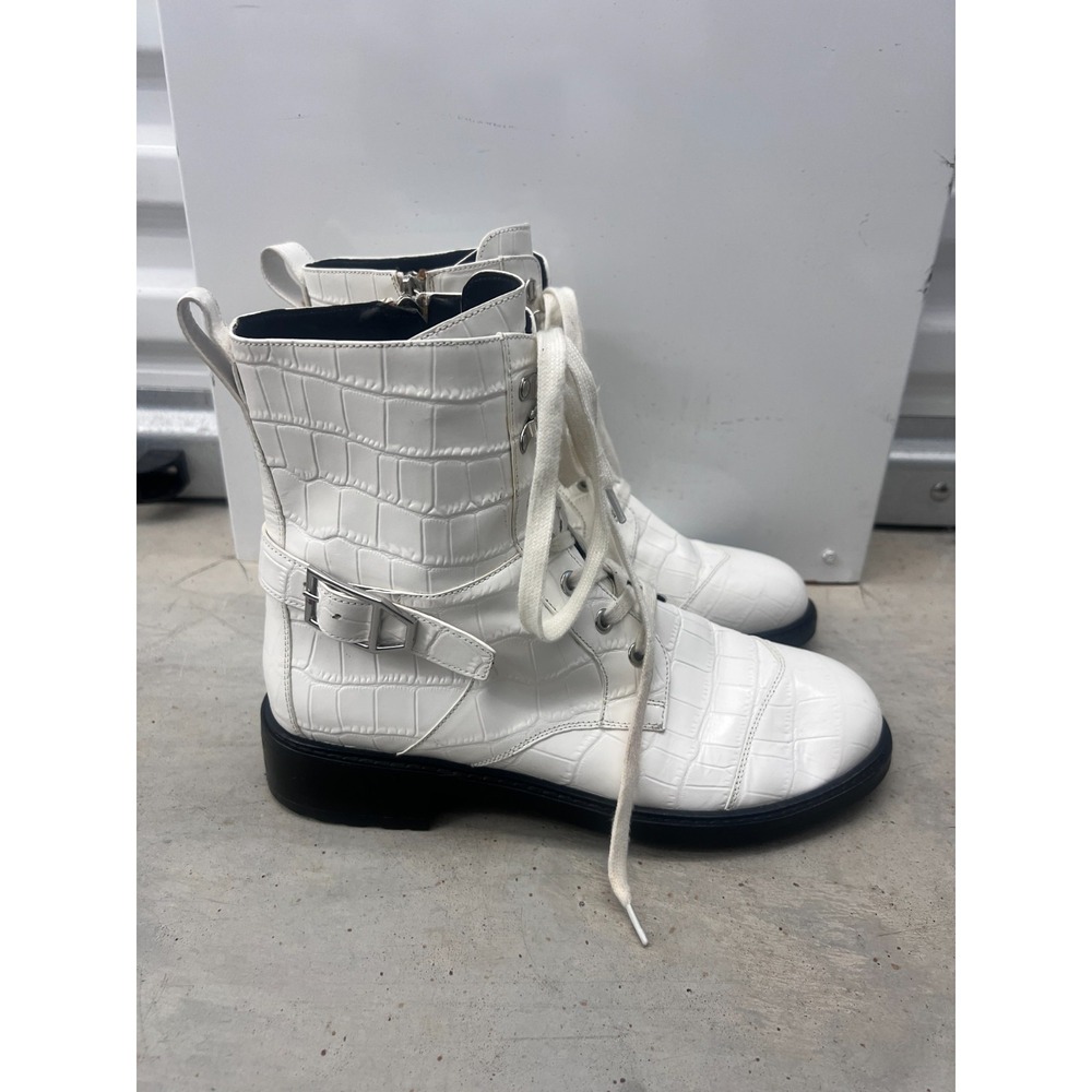 Aerosoles Amie Boots Womens US 8.5 White Croco Embossed Leather Cap Toe Mid Calf